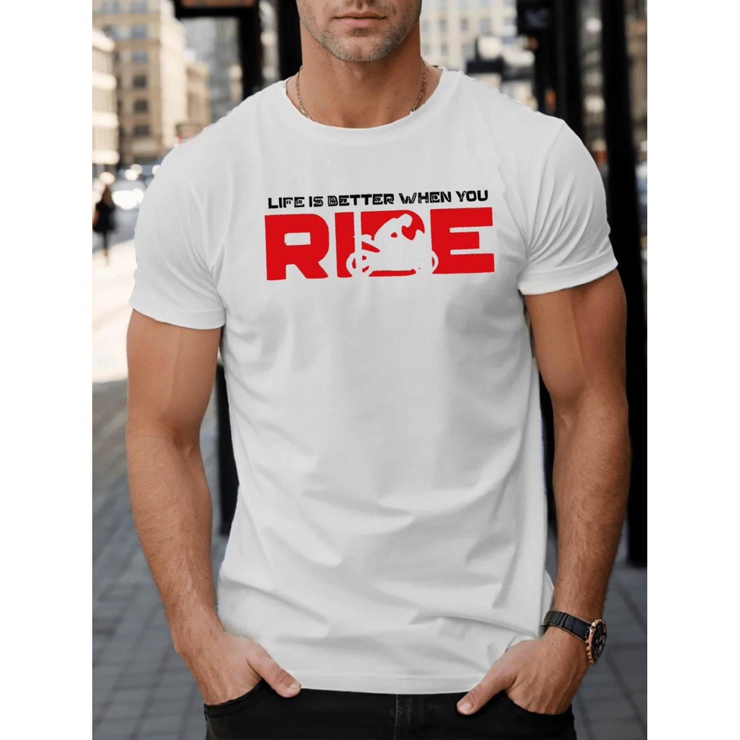 Ride Life Is Better Mens Black TShirt Casual Polyester Short Sleeve Top with Motorcycle Graphic Round Neck Machine Washable for Summer