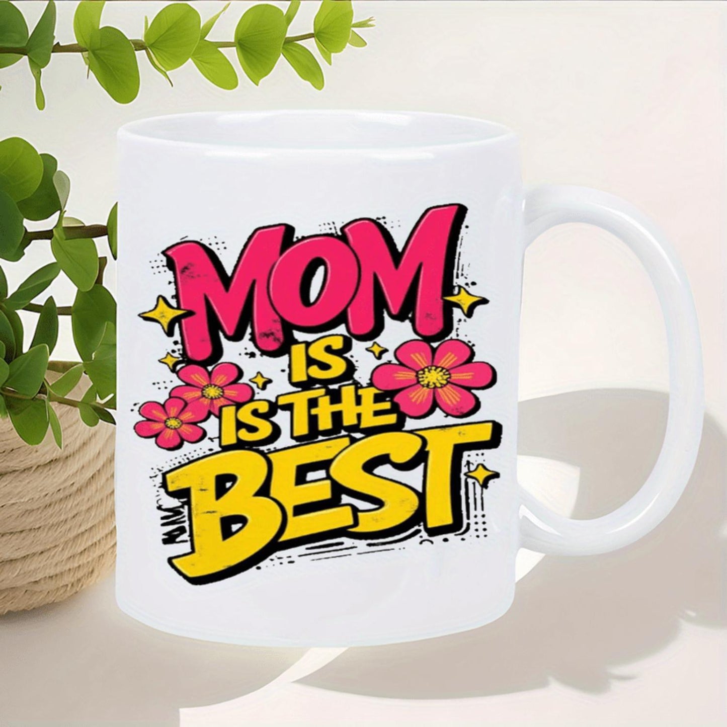 1pc, "Mom is the Best" Ceramic Coffee Mug - Insulated & Reusable, Hand-Wash Only - Vibrant Pink Floral Design with Stars, Perfect for Mother’s Day Gifts, Camping & Outdoor Adventures - Durable White Mug for All Beverages, Coffee B