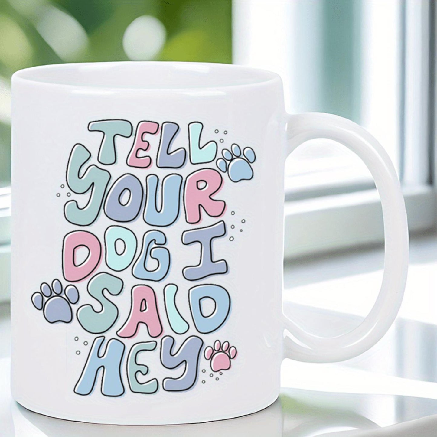 1pc Insulated Ceramic Coffee Mug - "Tell Your Dog I Said Hey" Reusable Camping Mug with Colorful Paw Print Design, Hand-Wash Only, Perfect Gift for Dog Lovers, Birthdays, Valentine's Day & Holidays, Holiday Drinkware