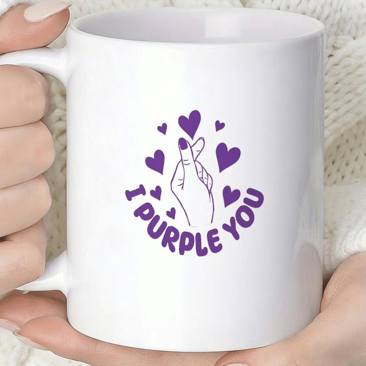 1pc 11 Oz Ceramic Double-sided Printing Coffee Mug, Purple Heart Gesture, Heart-shaped Pattern, Hand-drawn Cartoon Style Coffee Cups, Perfect for Men & Women