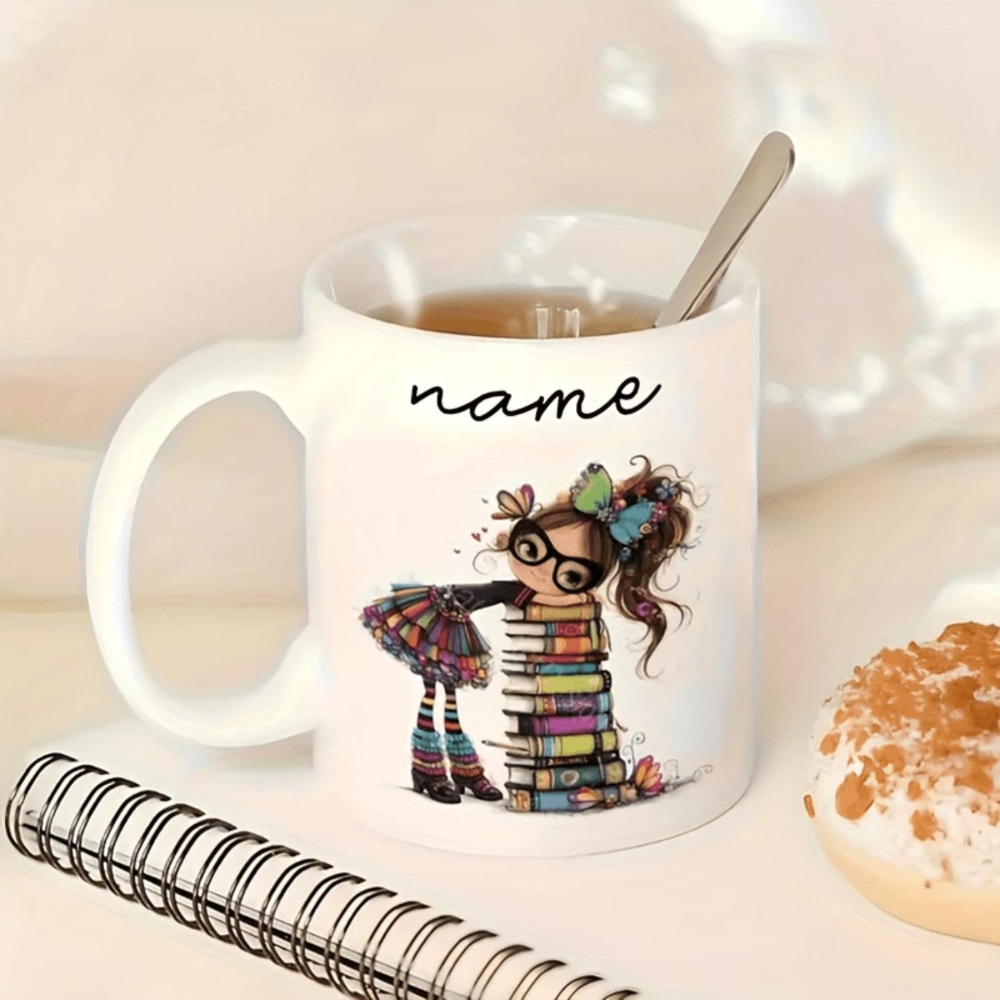 A Customizable Ceramic Mug, Reusable, Ideal for Birthdays, Graduations, and Teacher's Day Gifts. Features an Elegant Interior and a Literary Bookworm Design, Specially Crafted for Female Students and Educators. Durable and Hand-wash Only.