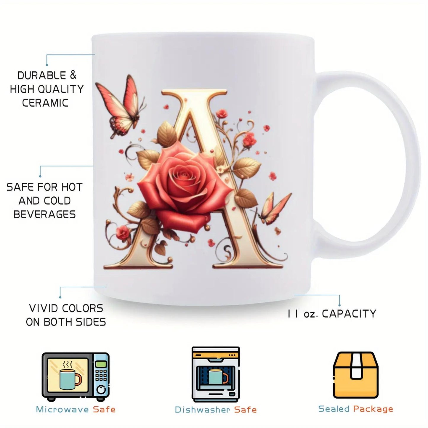 BPA-Free 11oz Ceramic Coffee Mug with Alphabet & Floral Design, 1pc - Microwaveable, Portable, Wide Mouth - Ideal for Various Festivals & Occasions