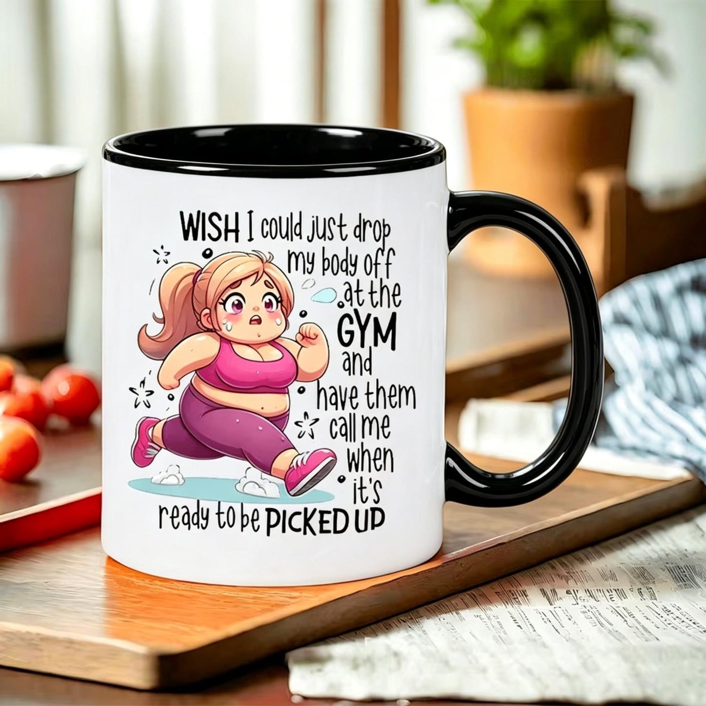 Humorous Fitness Themed Insulated Ceramic Mug - I Wish I Could Just Drop My Body in Gym Design - Hot and Cold Drinks, Reusable, Hand Wash Only - Fitness Enthusiasts, Birthdays or Holidays, Gym Accessory