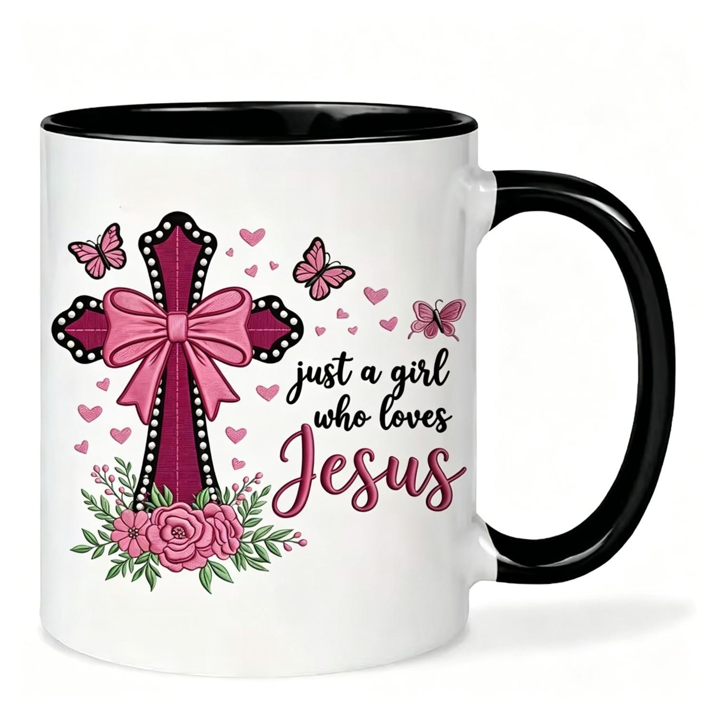 "Just A Girl Who Loves Jesus" Pink Embellished Ceramic Mug Suitable for Hot/Cold Drinks, Insulated Reusable Coffee Cup with Christian, Dishwasher Safe for Tea/Coffee, Gift for Women, Easter & Christmas Present