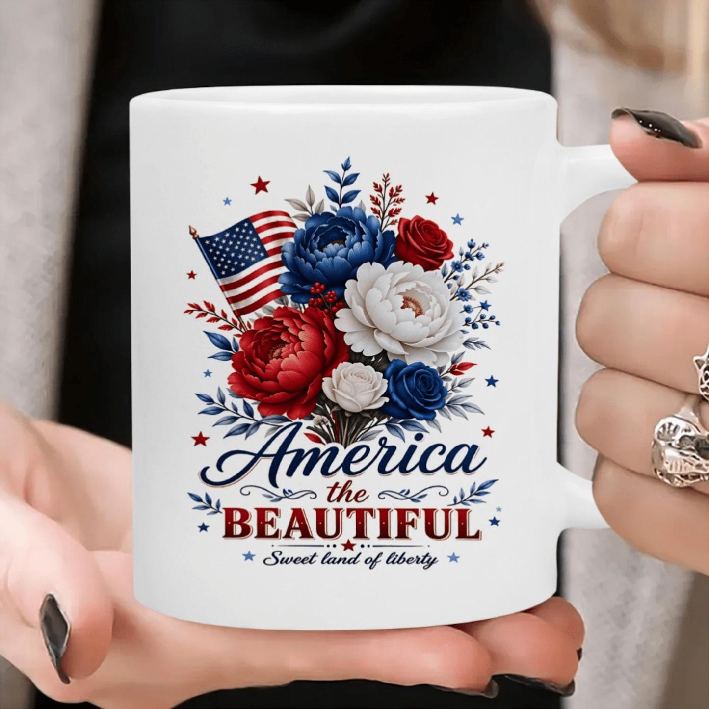 Patriotic Daily Mug Featuring 'America The Beautiful Sweet Land of Liberty' Quote with Floral And American Flag Graphic, Dishwasher Safe - Ideal Gift for USA Patriotic Events, Floral Lovers, Coffee Enthusiasts, Both Men And Women