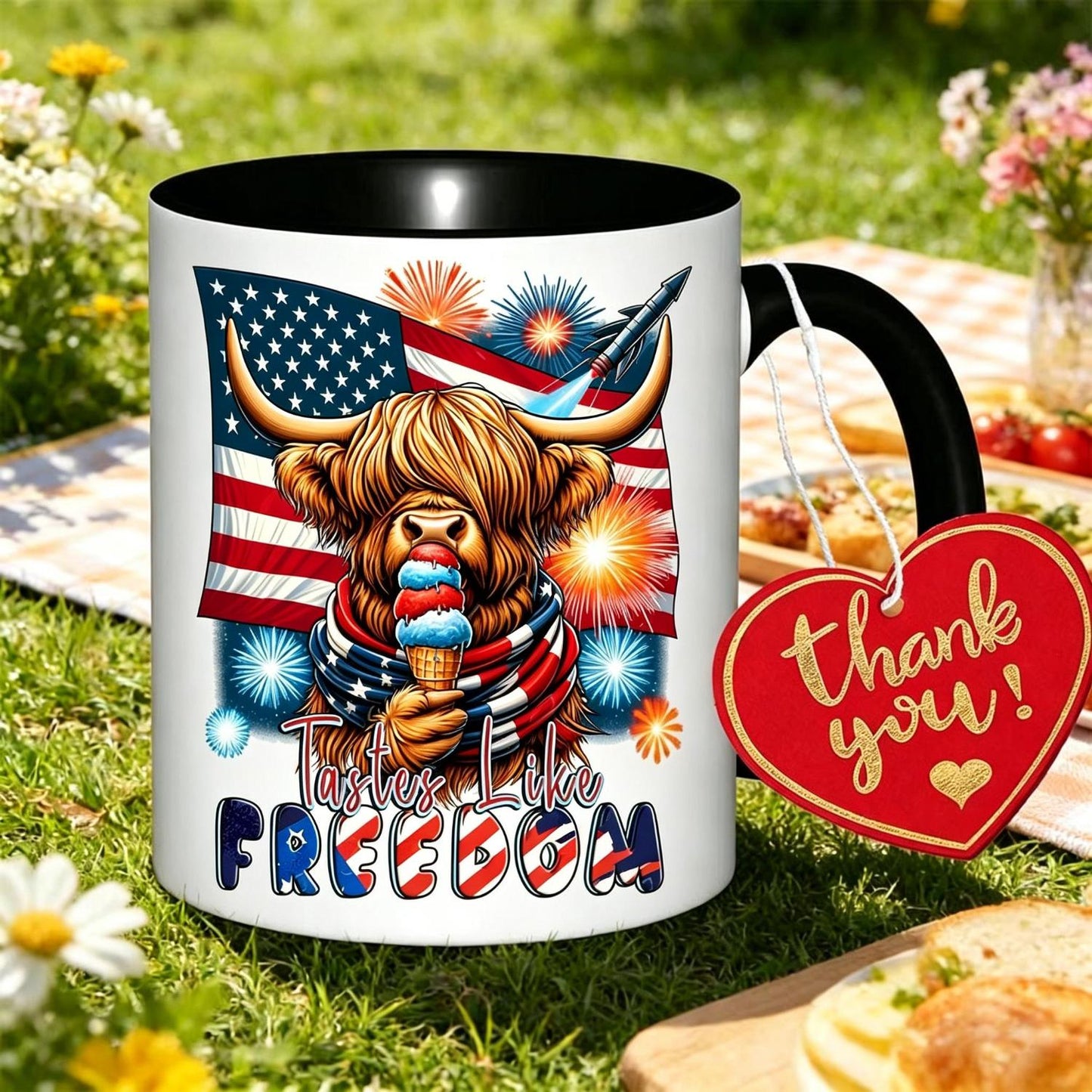 Funny 250th America Independence Day Gift Highland Cow Ice Cream Flag Mug, Vintage Patriotic Ceramic Coffee Cup For 4th Of July Daily Use