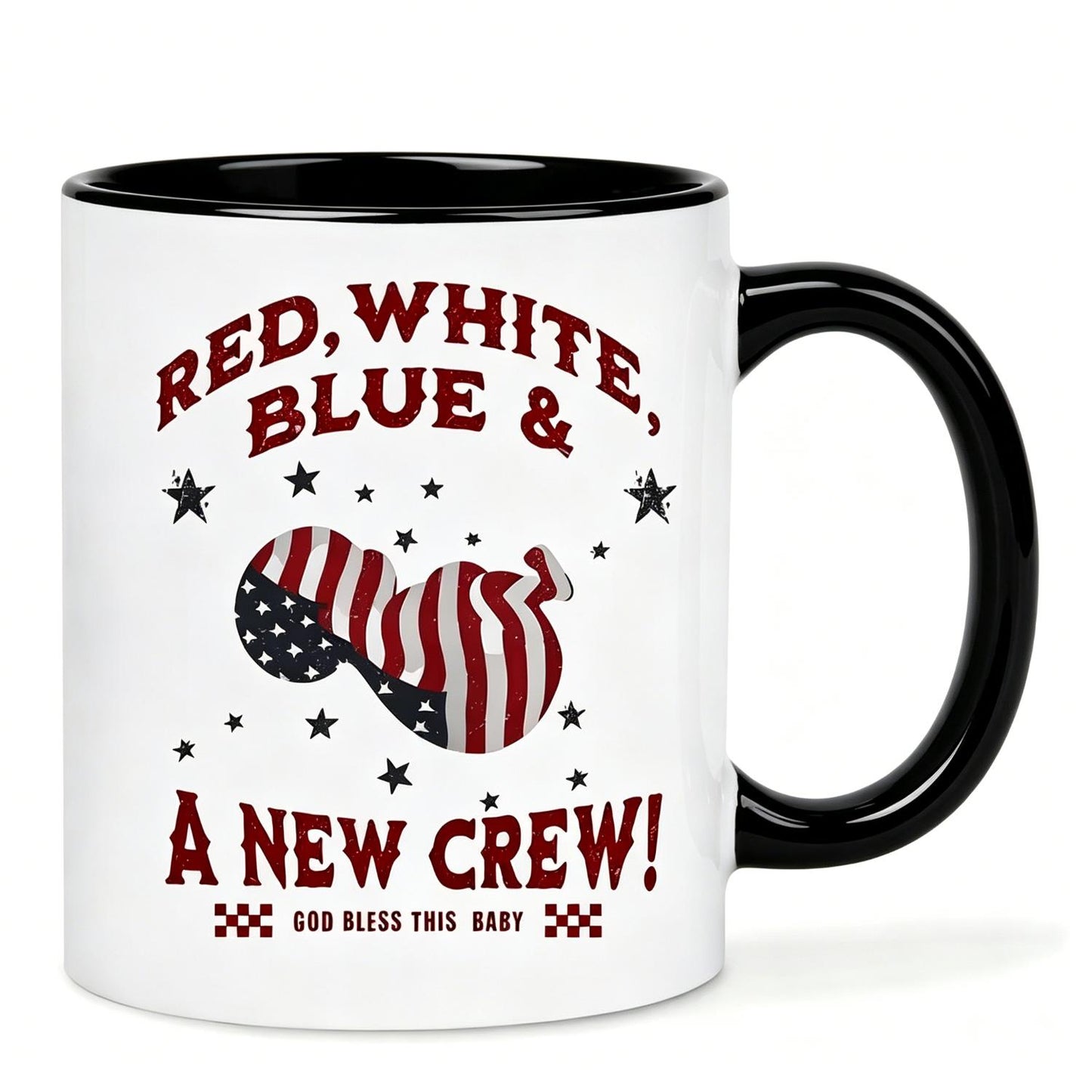 Ceramic Coffee Mug - Insulated Reusable Cup with Red White & Blue American Flag Design, Stars & Stripes, "God Bless America" & "A New Crew!"