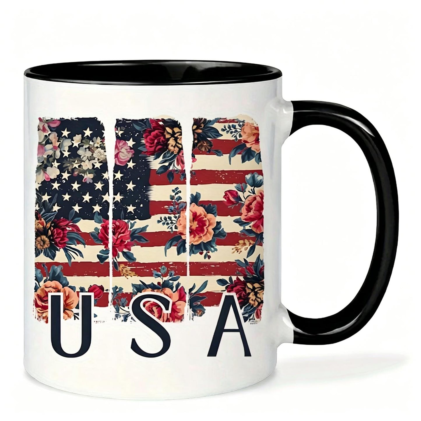 11oz Patriotic Ceramic Coffee Mug - Red White & Blue Stars and Stripes Banner Design with Floral Accents, Funny "Red White and Blue Stars Not Kitten Around"