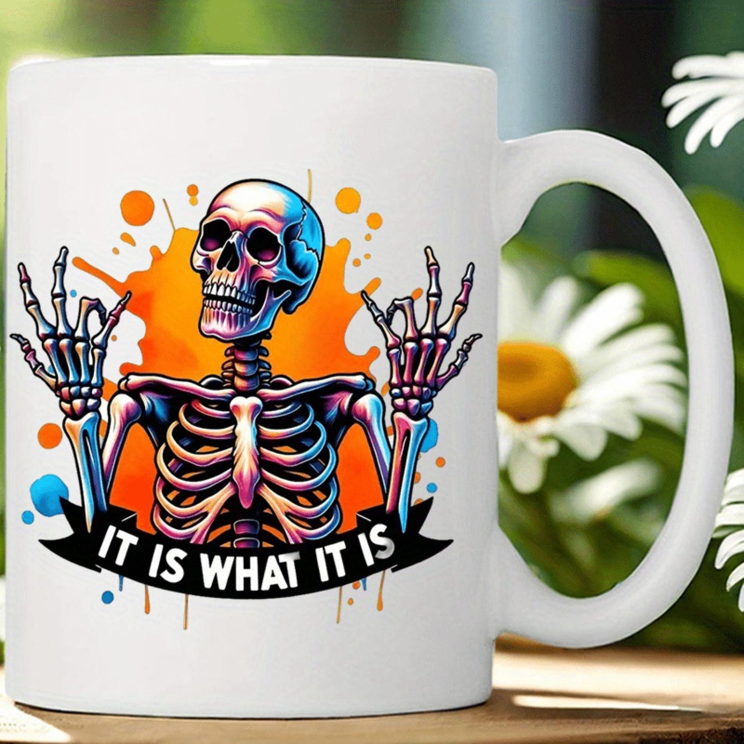 11oz Ceramic Coffee Mug - 'It Is What It Is' Skeleton Design, Reusable & Insulated, Hand-Wash Only, Perfect for Coffee Lovers, Men and Women, White with Colorful Skeleton Art, Great for Halloween or Everyday Use, Coffee Bar Access