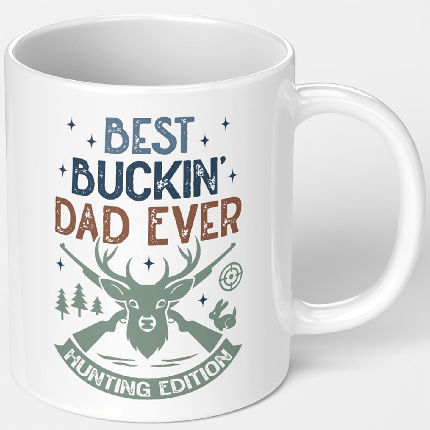 1pc Best Buckin' Dad Ever Hunting Mug - Funny Deer, Rifles & Hunting Scene Design - 11oz Ceramic Coffee Cup - Ideal Gift for Hunting Dads, Outdoorsmen, Buck Hunters - Father's Day, Birthday, Christmas Present - Durable Print Hunti