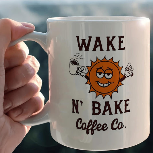 1pc, Wake N Bake Coffee Co Mug, Ceramic Coffee Mug Double-sided Design, White Tea Cup For Hot Or Cold Drinks, Office Desk Decor, Joint Smoking Caffeine Lovers Cup, Funny Gifts, Mug Gifts For Women Men, Party Mug, Home Kitchen Item