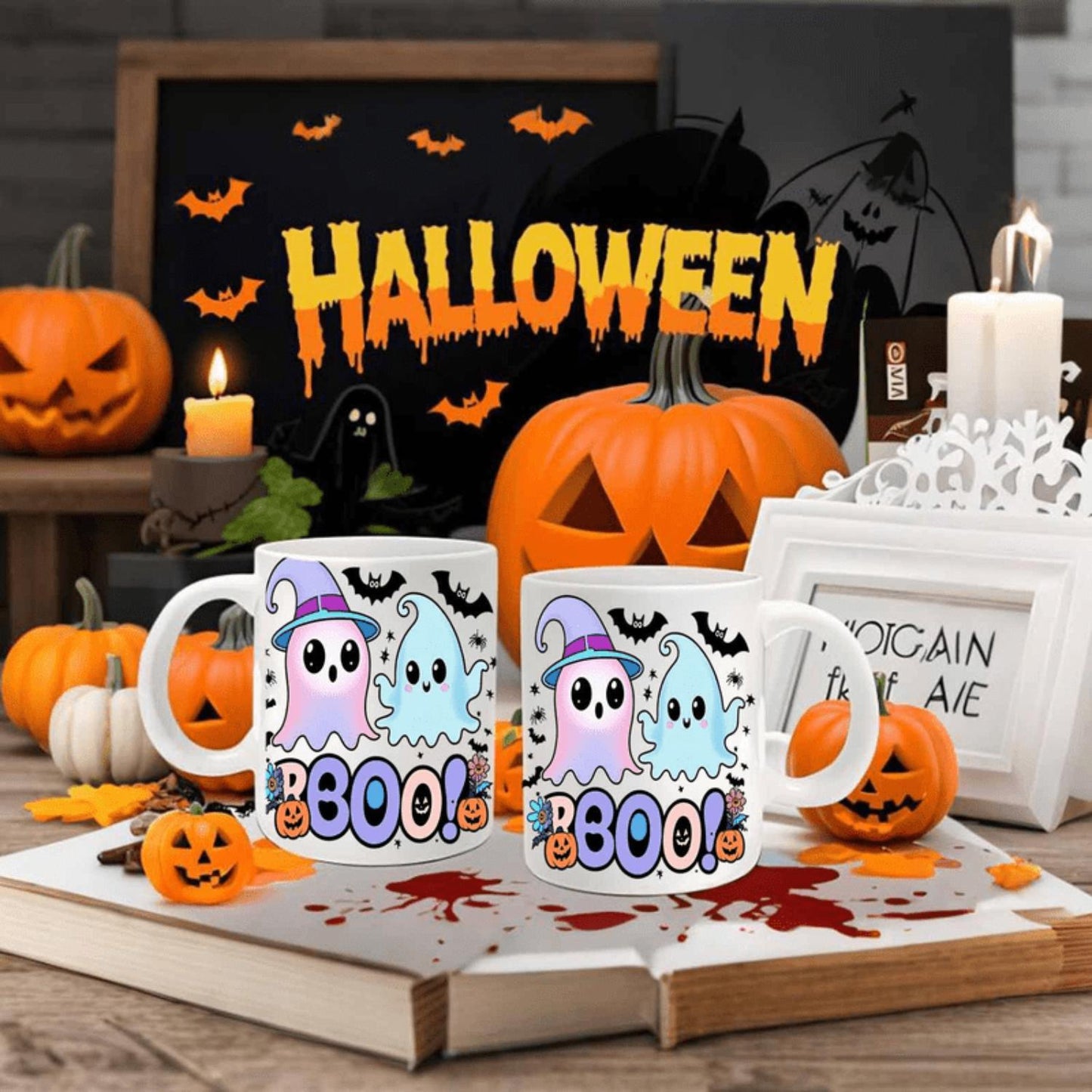 1pc 11oz Halloween Ceramic Coffee Mug - Cute Pastel Ghost Boo Design with Witch Hat & Pumpkin, Spooky Halloween Theme, Perfect Gift for Her or Him, Tea or Coffee Cup, Halloween Decorations