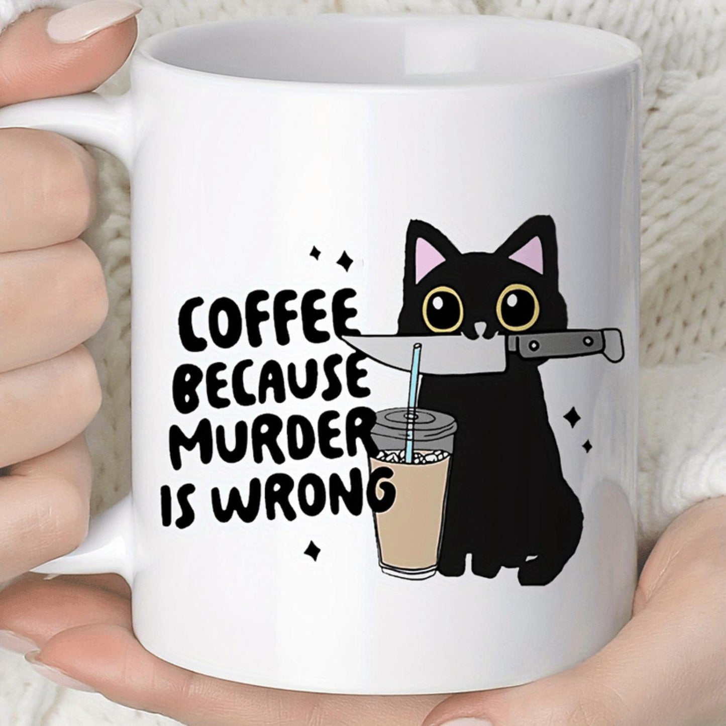 1pc, Funny Cat Coffee Mug - "Coffee Because Murder Is Wrong" 11oz Ceramic Cup with Black Cat Design, Perfect for All Seasons, Great Gift for Friends, Family, and Cat Lovers, Coffee Cup