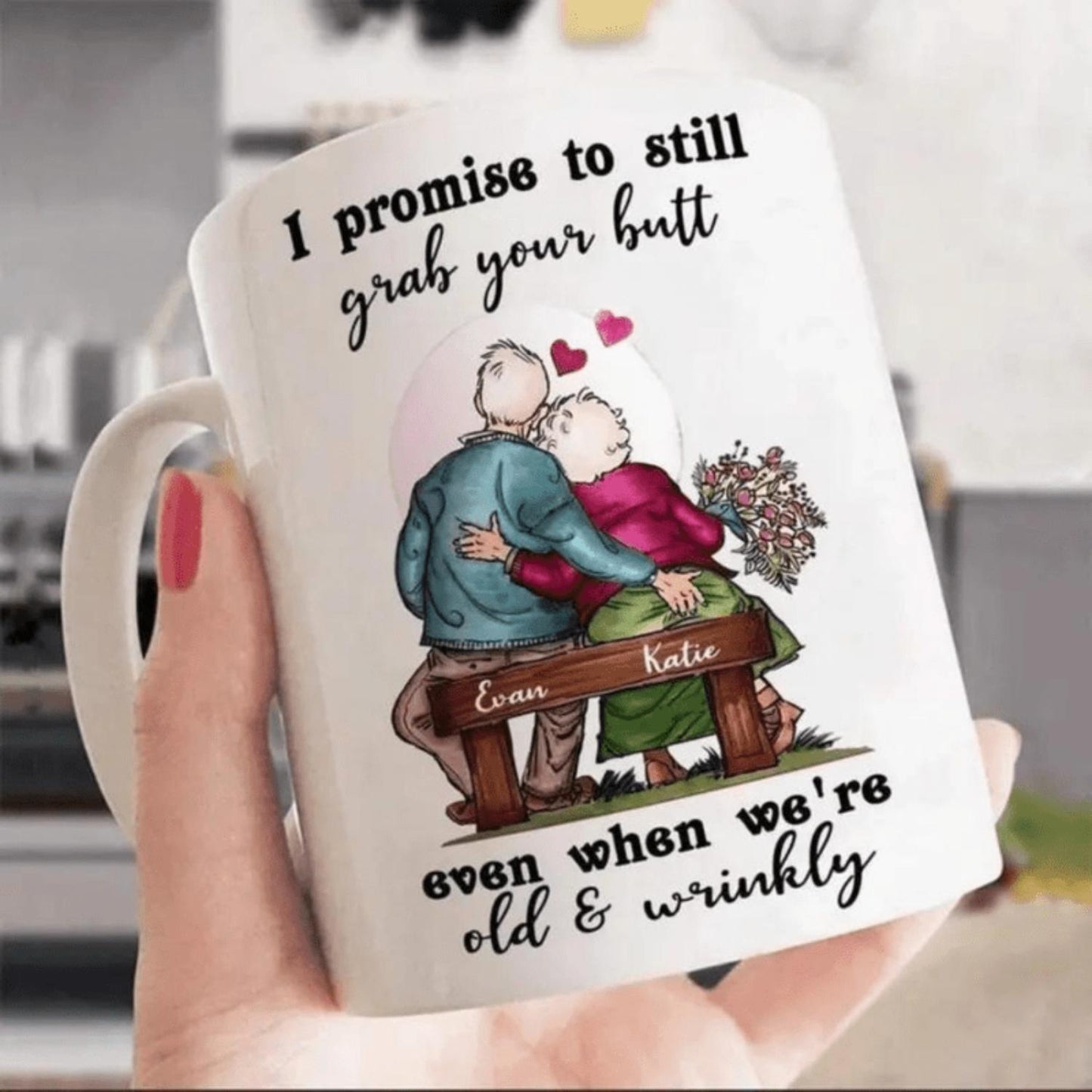Funny Old Couple Coffee Mug - 'I Promise to Still Grab Your Butt Even When We're Old & Wrinkly' - Heartwarming Gift for Her, Him, or Loved Ones - White with Romantic Bench Scene Design, Romantic Gift Mug | Whimsical Mug Design | C