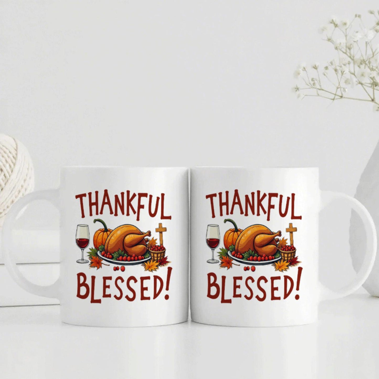 1pc 11oz Ceramic Coffee Mug with "Thankful Blessed" Thanksgiving Turkey & Wine Design - Dishwasher Safe White Reusable Cup for Hot/Cold Drinks, Ideal Gift for Christmas, Easter, Birthdays, Weddings - Turkey Dinner Theme with Pumpk