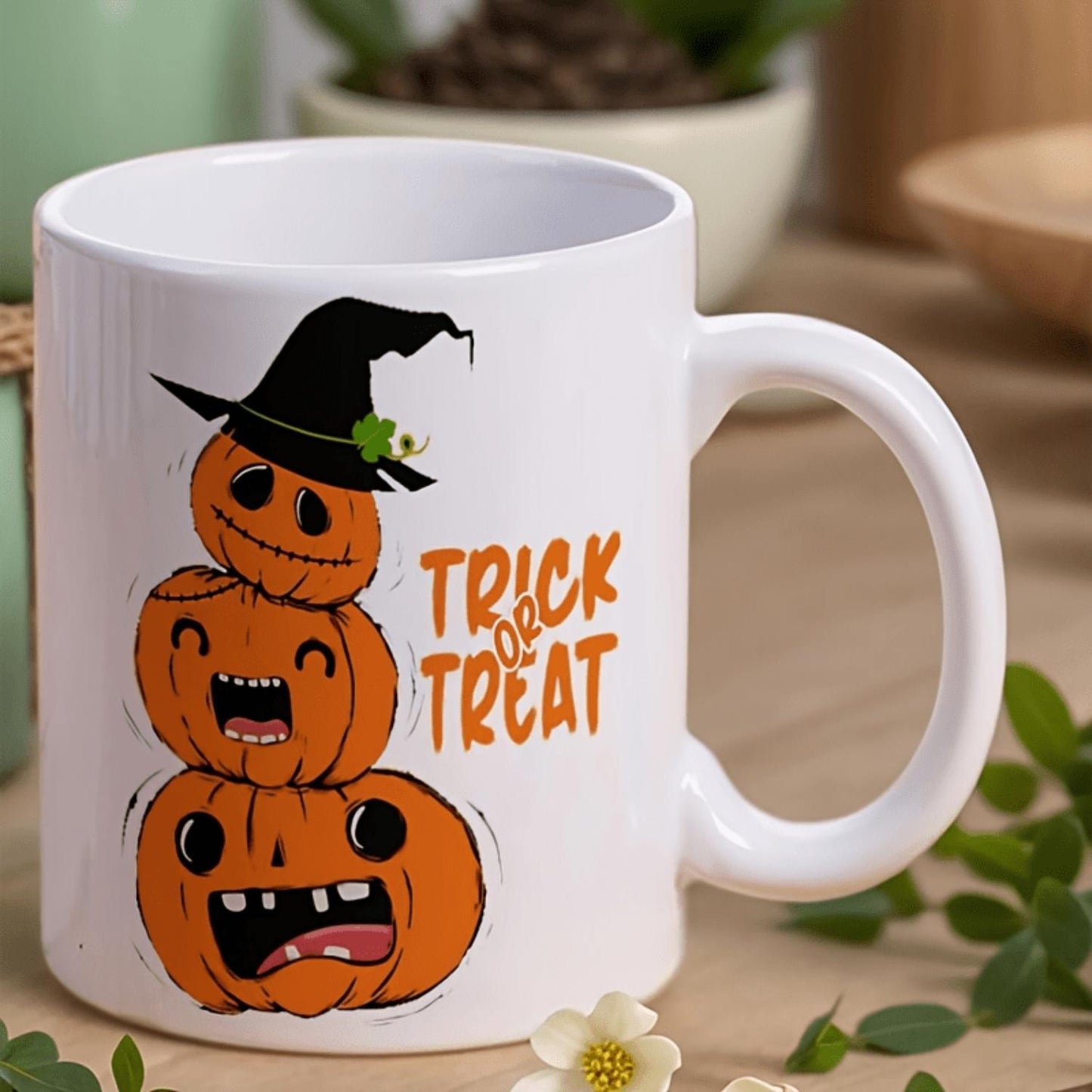 1pc Funny Halloween Coffee Cup with Trick or Treat Pumpkin Witch Design - White Mug with Orange Text, for Hot/Cold Drinks - Perfect Halloween, Thanksgiving, Birthday, Mother'S Day Gift - Office, Home, Party Decorations - Hand Wash