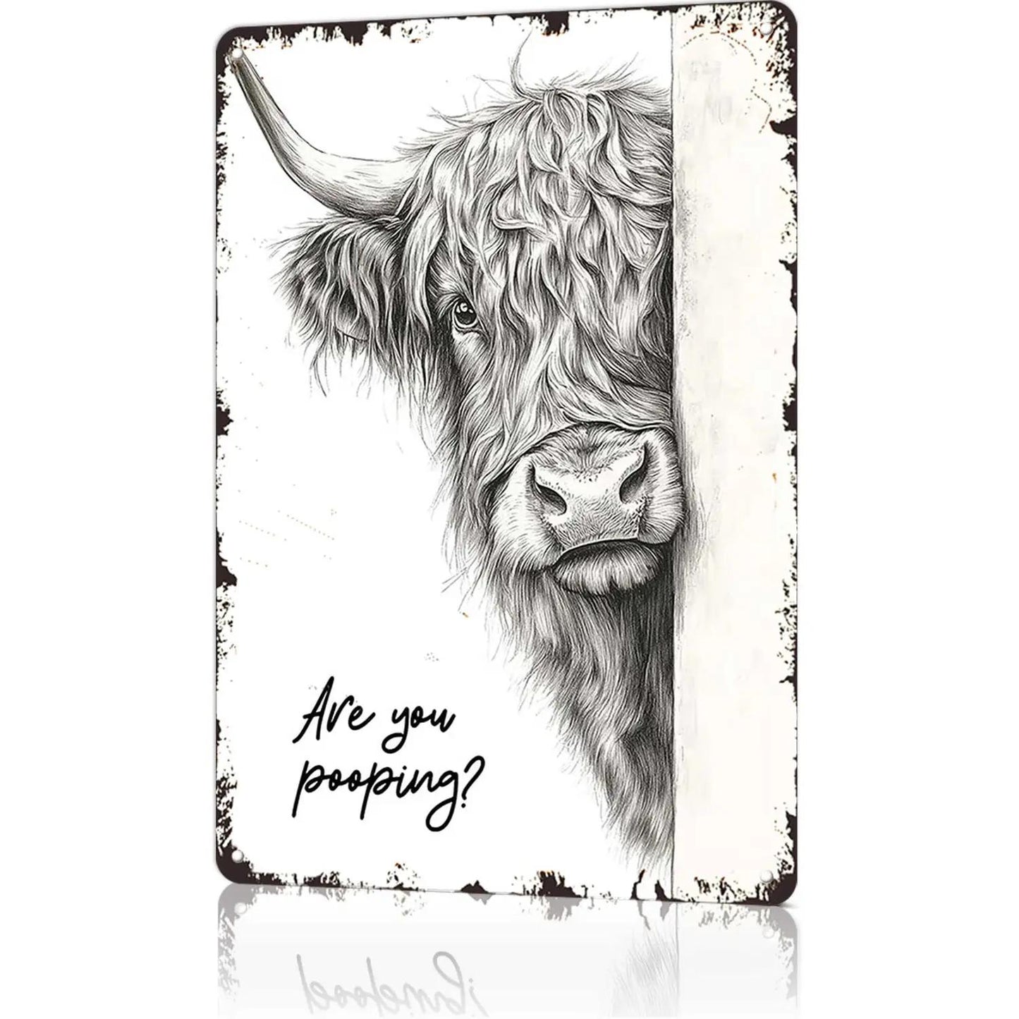 Funny Highland Cow Bathroom Signs - Rustic Farmhouse Wall Decor with Humorous Are You Pooping Metal sign, Cute Animal Decoration for Restroom 8x12inch Aluminum