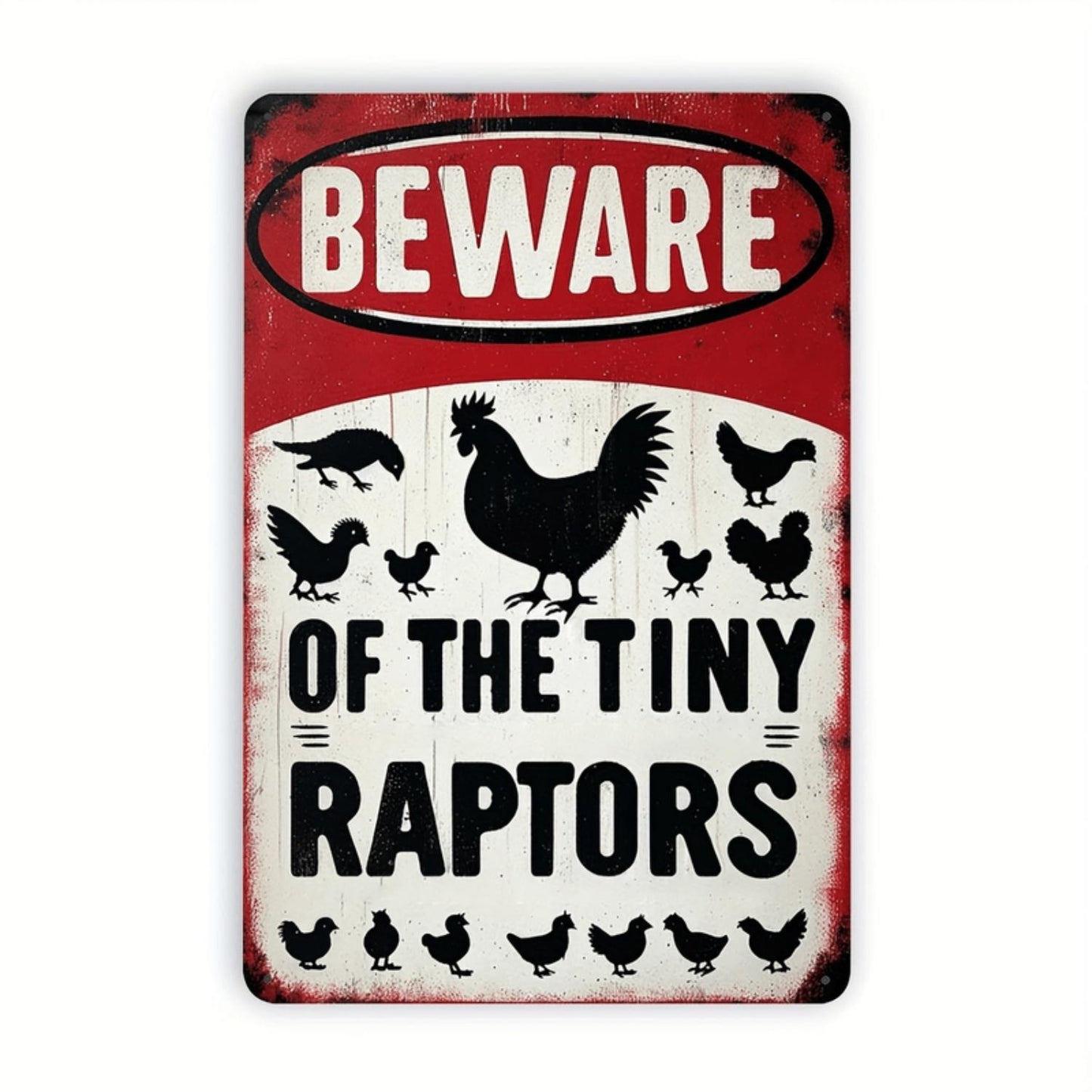 Beware Of The Little Raptor" Vintage Metal Tin Sign - Chicken & Hen Design, Rustic Farmhouse Wall Art, Easy Hang With Pre-Drilled Holes, Safe Edges, 8X12 Inches - Perfect For Kitchens, Cafes, Bars, Garages