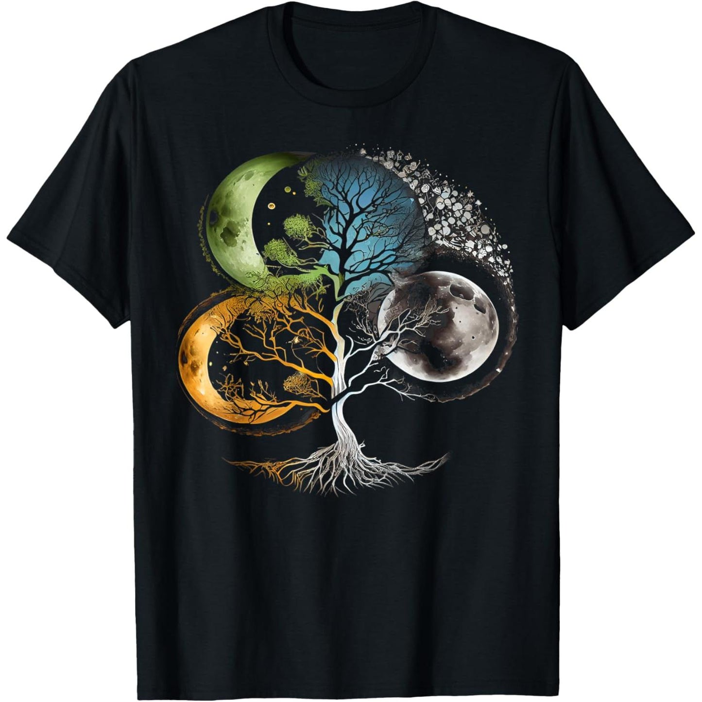 Mystical Zen Yoga Meditation Graphic T-Shirt Featuring Moon Phases and Tree Symbolism