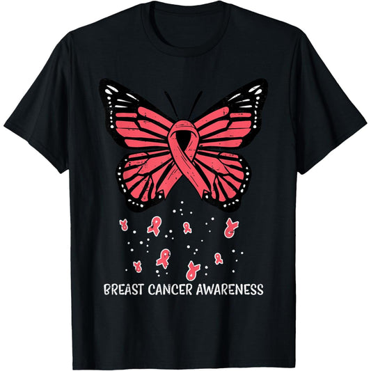 Pink Ribbon Butterfly Breast Cancer Awareness T-Shirt for Women Men and Kids