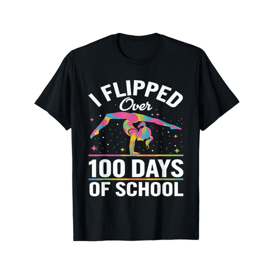 100 Days of School Gymnastics T Shirt for Girls Fun and Colorful Graphic Tee 180g Cotton Short Sleeve Round Neck Machine Washable Black with Rainbow Print Casual Wear Gymnastics Themed Stretchable Material