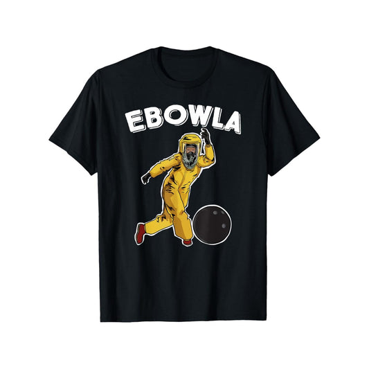Ebowla Men S Humorous Bowling Team Graphic Tee Crafted from 100 Organic Cotton Lightweight and Breathable in Classic Black Crew Neck Featuring Yellow and Red Hazard Suit Print Perfect for Everyday Use and Travel