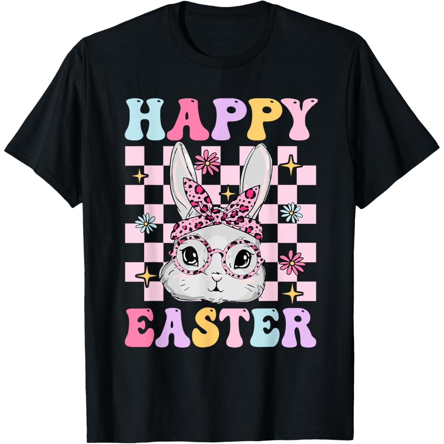 Retro Groovy Easter Bunny Checkered T Shirt for Women Girls and Kids