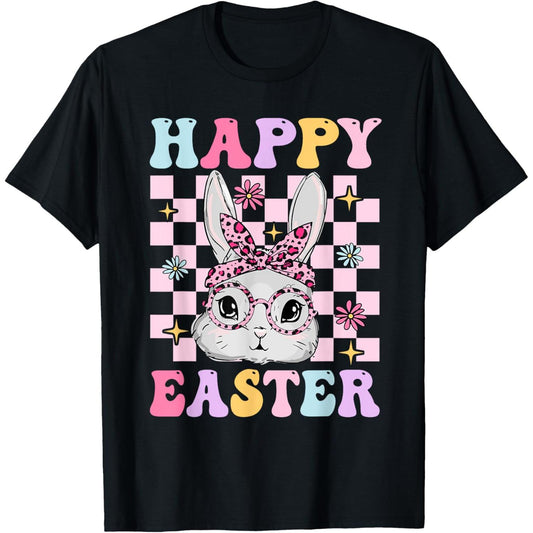 Retro Groovy Easter Bunny Checkered T Shirt for Women Girls and Kids
