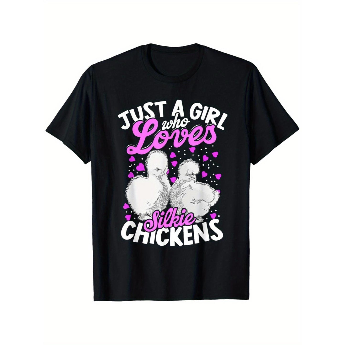Casual Attire for Chicken Lovers Featuring Silkie Chickens Black Cotton T-Shirt with Pink Text and Illustrations Perfect Summer Gift for Enthusiasts