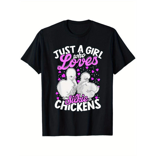 Casual Attire for Chicken Lovers Featuring Silkie Chickens Black Cotton T-Shirt with Pink Text and Illustrations Perfect Summer Gift for Enthusiasts