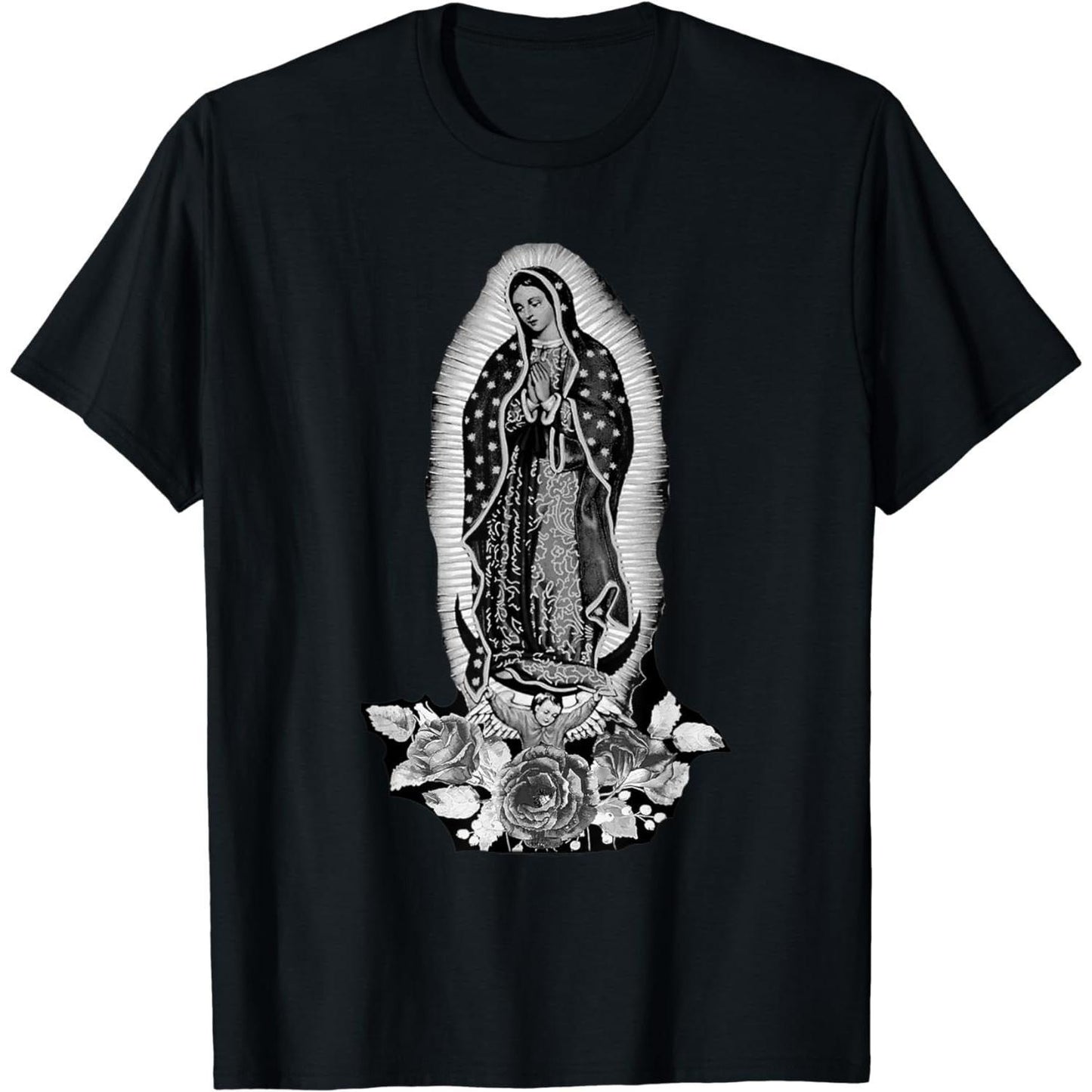 100 Percent Cotton Black TShirt Featuring Classic Our Lady Of Guadalupe Artwork And Floral Accents