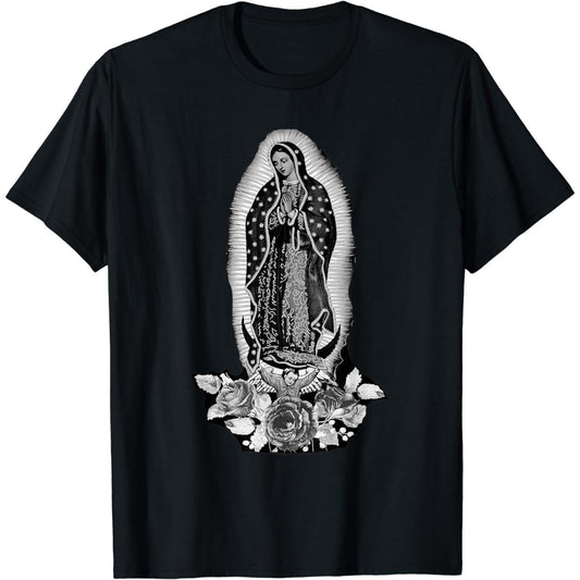 100 Percent Cotton Black TShirt Featuring Classic Our Lady Of Guadalupe Artwork And Floral Accents