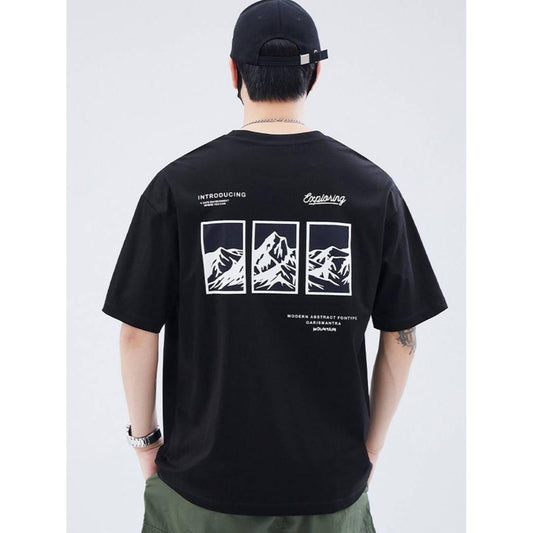 Men's Cotton T Shirt Featuring Mountain Print Casual Breathable Round Neck Summer Machine Washable
