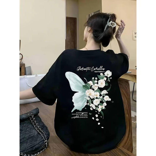 DoubleSided ButterflyPrint ShortSleeve TShirt Stylish Casual Summer Polyester Comfortable Breathable Women's Wear
