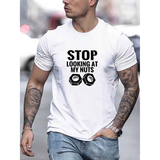Deja De Mirar Mis Nueces Funny Printed Short Sleeve Crewneck T Shirts Comfortable Breathable Elastic Casual Tops for Men