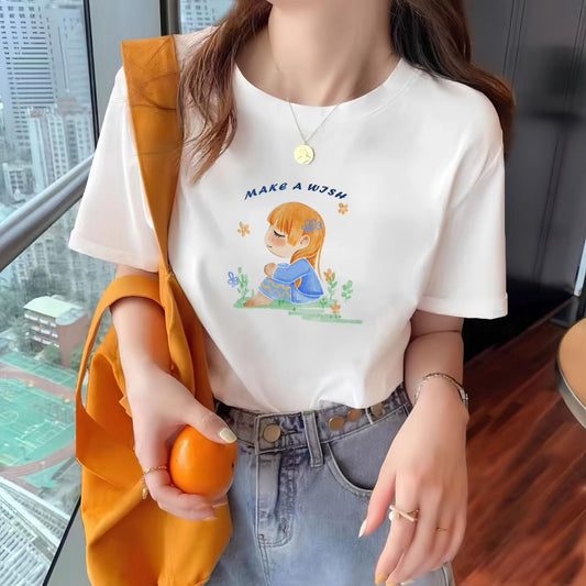 During Summer Womens Korea Style Loose Round Neck Stylish Print Versatile Harajuma Top