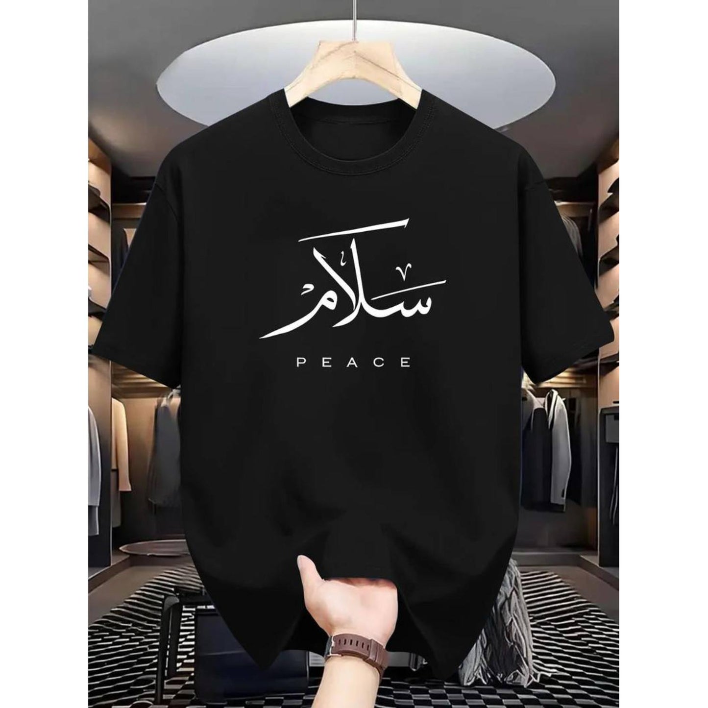 Casual Short Sleeve Navy Blue T-Shirt for Men Featuring Arabic Calligraphy Salam and Peace Design Light Breathable Summer Outdoor Casual Wear