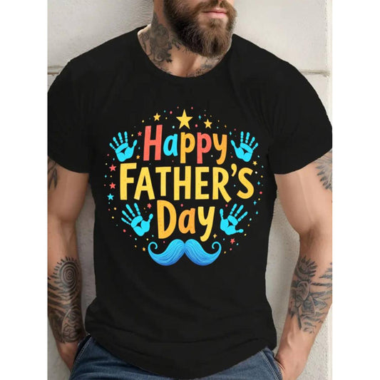 Plus Size Cotton T-Shirt for Men Featuring Happy Fathers Day Mustache and Handprint Graphics