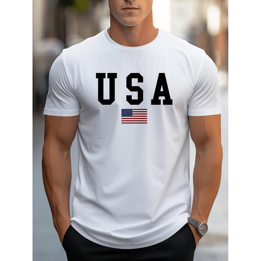 Men's Casual Cotton T Shirt with USA Print Crew Neck Short Sleeve Comfortable Knit Fabric Classic Fit Athletic Style for Adults White