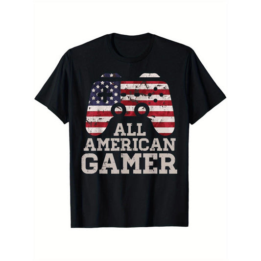 Patriotic American Flag Gaming Design Crew Neck T Shirt for Men Women Teens Cotton Casual Wear Gamer Emblem Apparel Black
