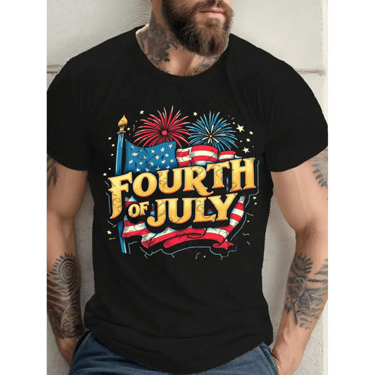 Patriotic Flag Fireworks Graphic Tee for Plus Size Men Big and Tall Casual Summer T shirt Breathable Cotton Short Sleeve Top
