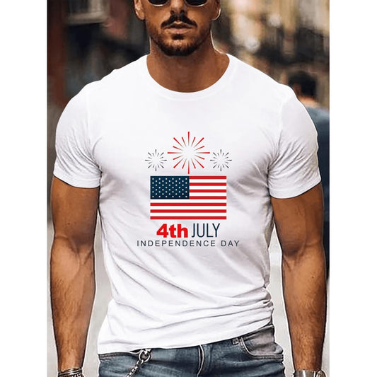 Mens Clothing Cotton 220G Patriotic T Shirt Casual Crew Neck American Flag Fireworks Print and Washable White American Flag Attire