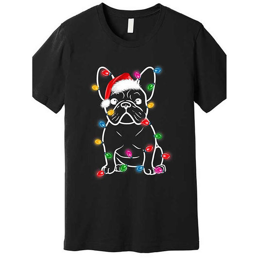 Christmas Lights Dog French Bulldog Premium T Shirt Funny Mens Short Sleeve Graphic Tee Collection Black