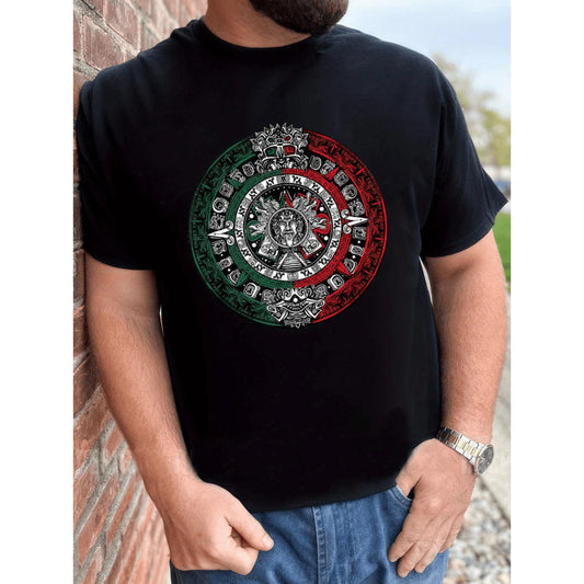 Men's White Cotton T-Shirt Featuring Aztec Calendar Mexican Pattern Design