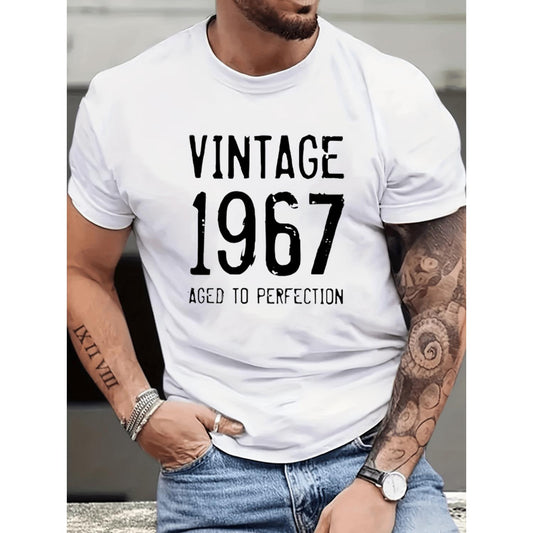 Vintage 1967 Letter Design Crew Neck Short Sleeve Top for Men Comfortable Casual Summer Tee Ideal for Workouts and Vacation Resorts White