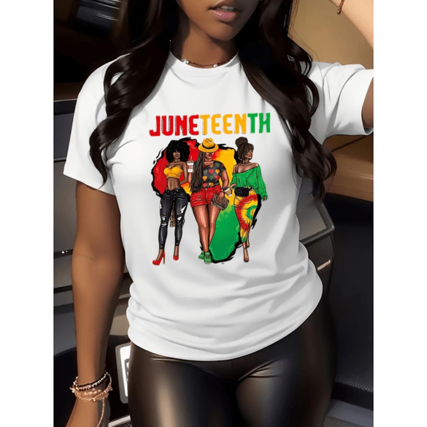 Women's Short Sleeve Juneteenth Print Crew Neck T Shirt Casual Top for Black