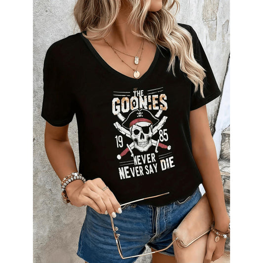 Women Oversized V Neck Short Sleeve T Shirt Featuring The Goonies Never Say Die Retro Graphic Print Black Casual Loose Fit Top Suitable for Spring Summer and Fall Machine Washable Vintage Movie Fan Gift Versatile Seasonal