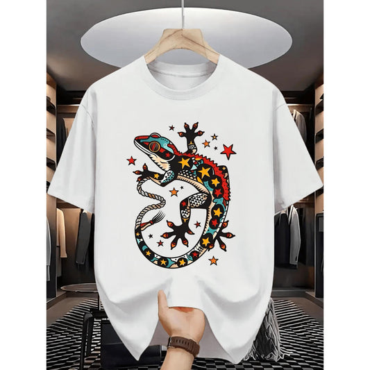 Summer Men's Geometric Lizard Print Casual Crew Neck Short Sleeve T Shirt