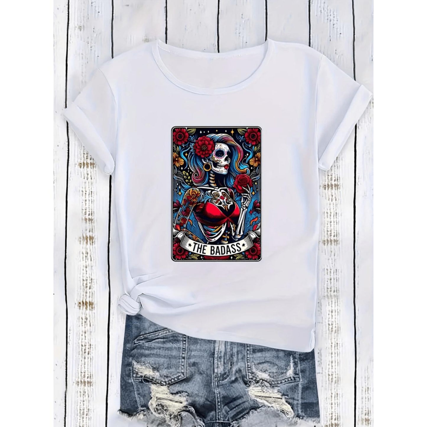 Stylish Casual 180g Skull Pattern Printed Women's Short Sleeve Round Neck T shirt for Summer Outdoor Sports and Fitness