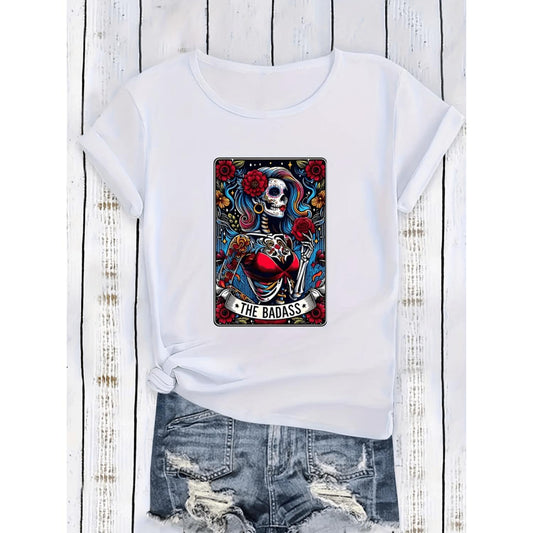Stylish Casual 180g Skull Pattern Printed Women's Short Sleeve Round Neck T shirt for Summer Outdoor Sports and Fitness